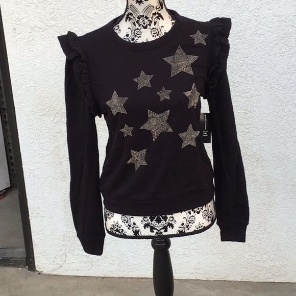 INC Women's Sweatshirt Black Size S Pullover Ruffled Star Studded $69 - Picture 1 of 7